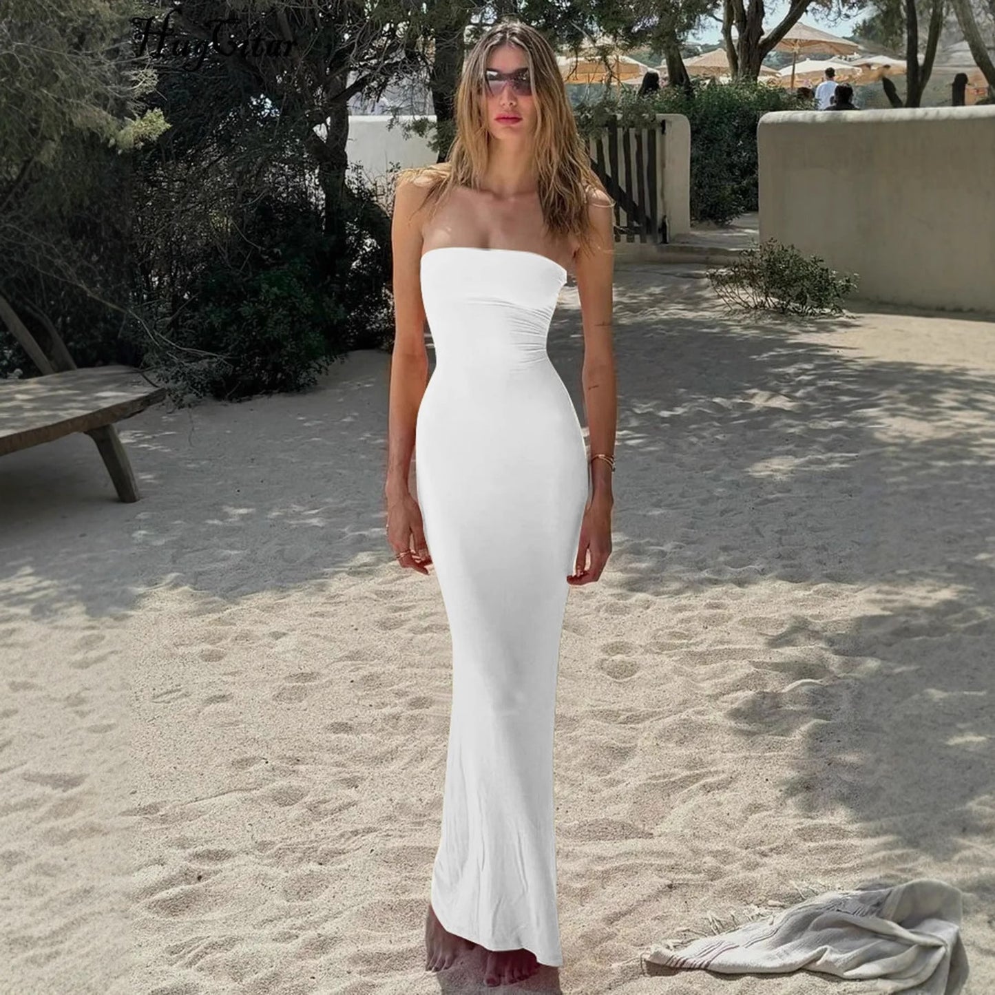 Womens Solid-Color Strapless Sleeveless Backless Dress
