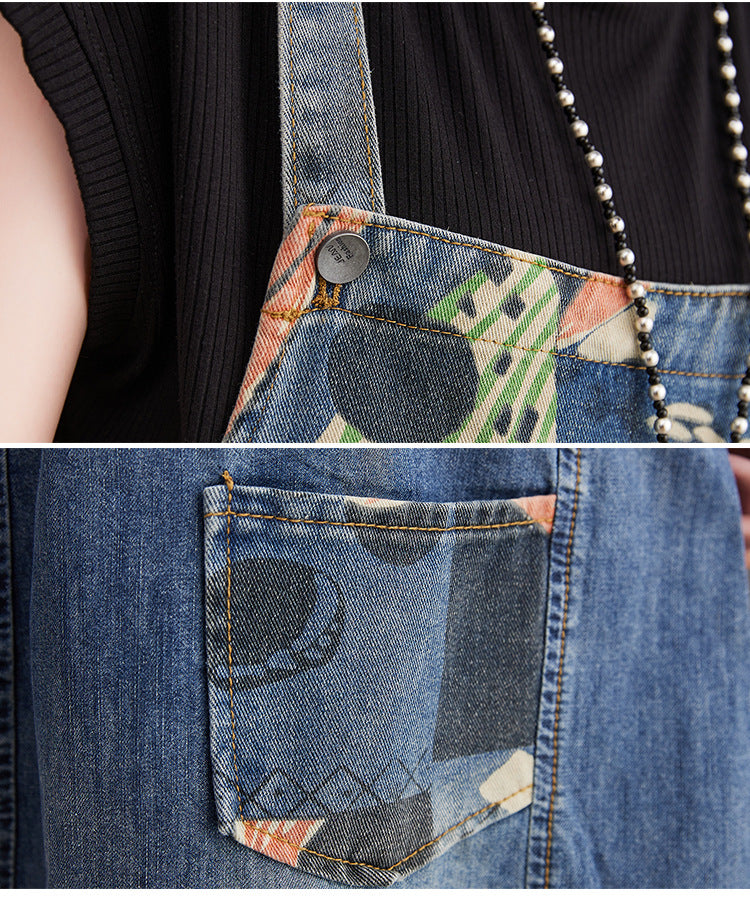 Denim Overalls Shorts Women's Fat Mm Print Stitching