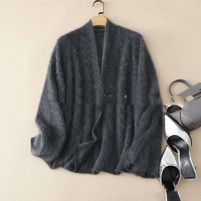 Loose-fit Brushed Cashmere Sweater With A Straight-cut Long-sleeved V-neck Cardigan Design And A Shawl-style Collar
