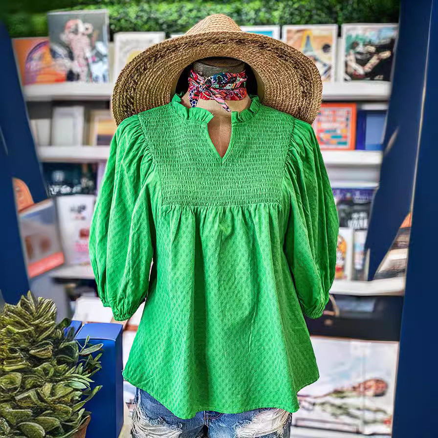 Bell Sleeve Gathers Cotton V-neck Gathers T-shirt