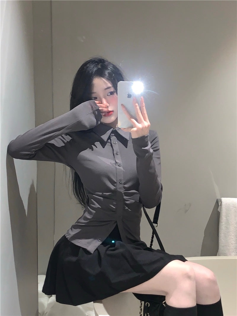 Slimming Two-Piece Set POLO-Neck Shirt And Skirt Combo
