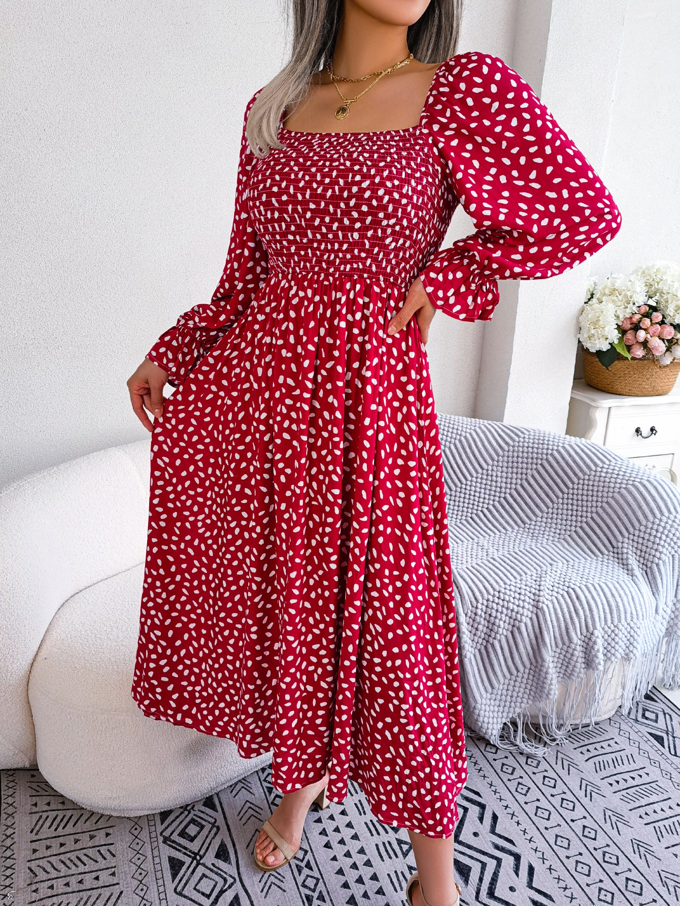 Women Square Neck Long Sleeve Vacation Rayon Pleated Maxi Dress