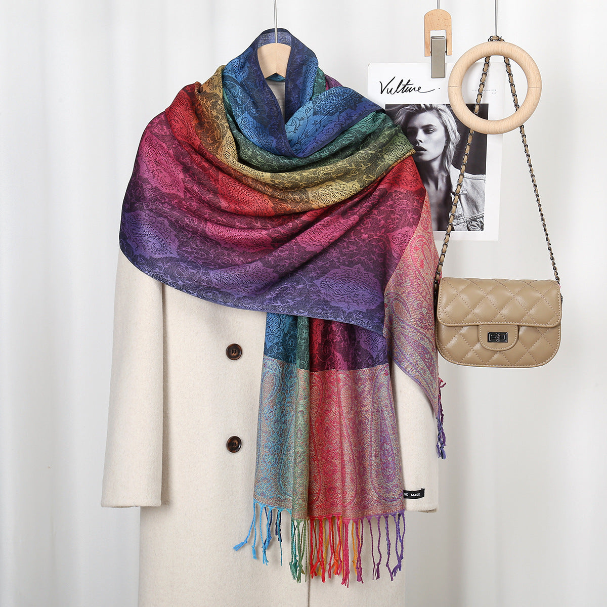 Womens Ethnic-Style Gradient Embroidered Colorful Cashew Tassel Shawl