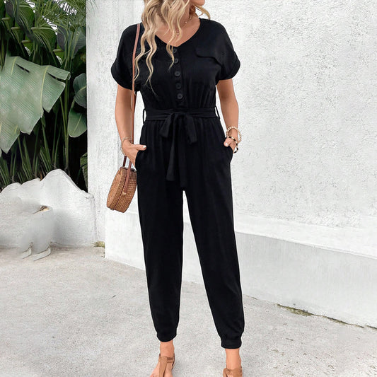 Jumpsuit Lace-up Short Sleeve Black