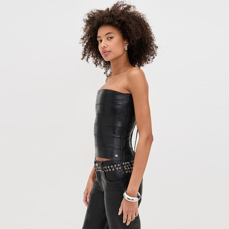 PU Leather Tube Top With Open Back And Zipper