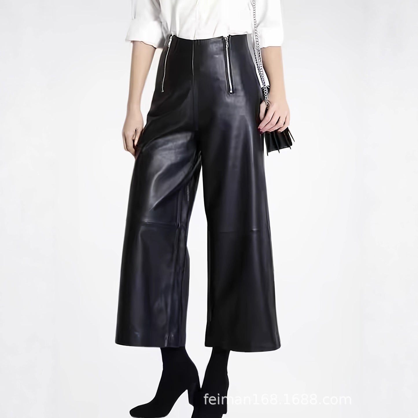 Solid-color Leather-patchwork Wide-leg Pants