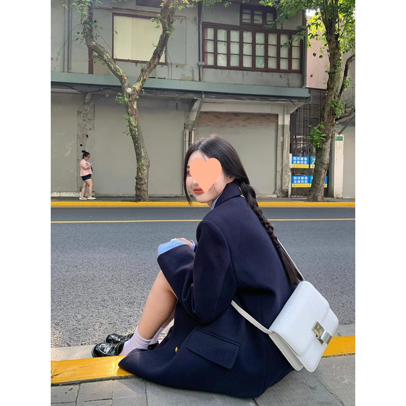 Navy Blue Womens Structured Wool Coat With A Refined Shoulder-Enhancing Design