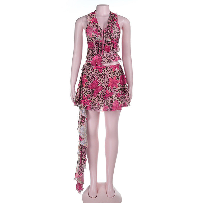 Neck-hanging Sexy Chic Leopard-print Ruffled Hem Skirt Set For Women