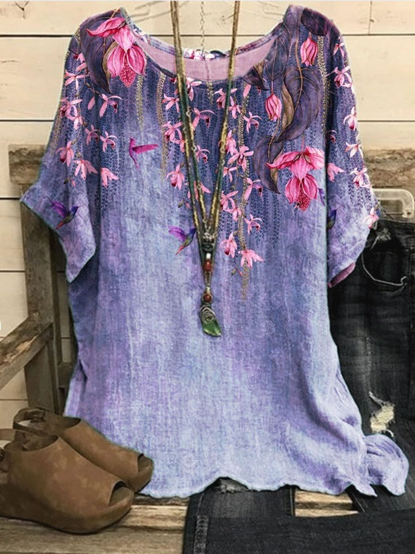 New Casual Loose Printed Crew Neck Top