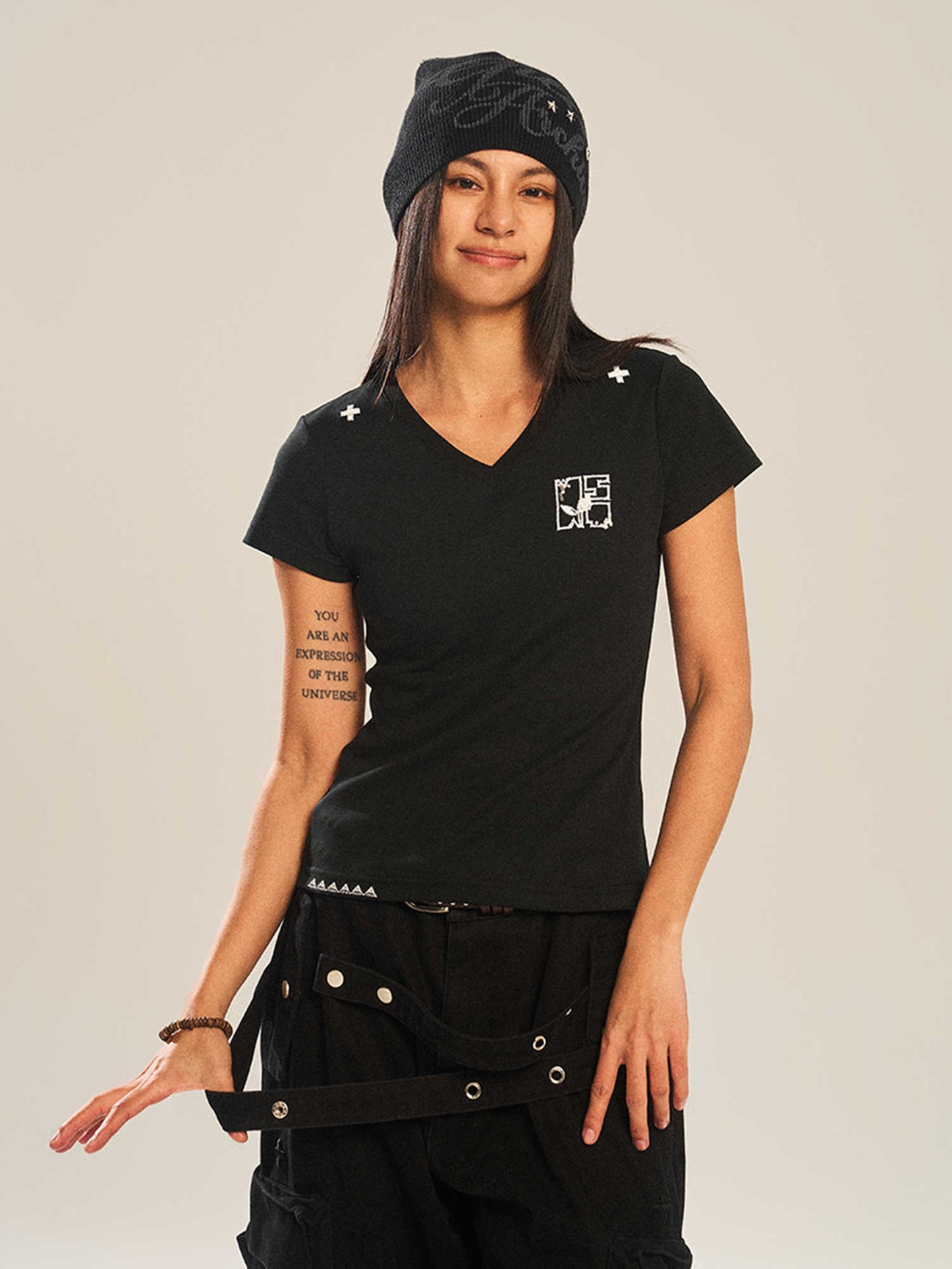 New Summer Sequin Lines All-match V-neck Slim-fit Short-sleeved