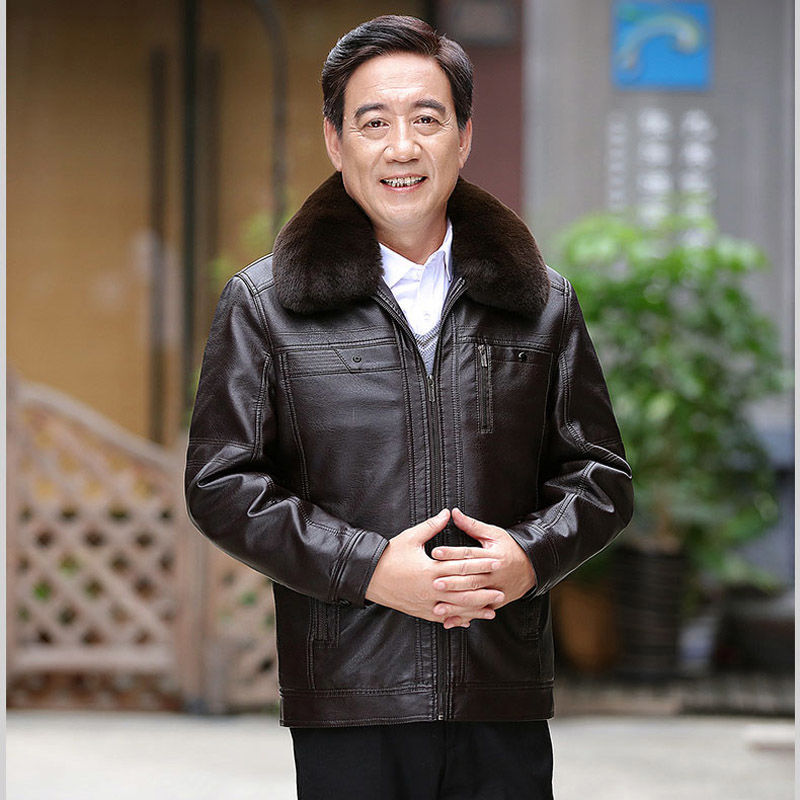 Men's Fleece-lined Thickening Stand Collar Loose Leather Coat