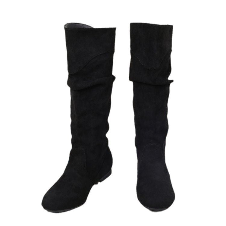 Womens Highshaft Pleated Suede Chunkyheel Boots