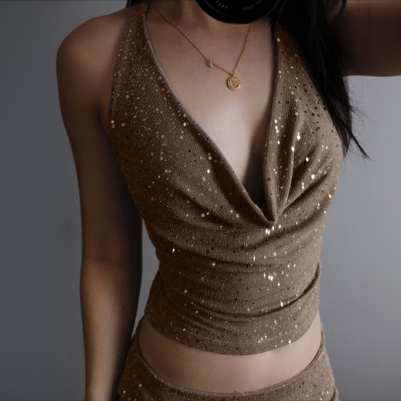 Resort-style Cropped Halter Top With Sparkling Rhinestones