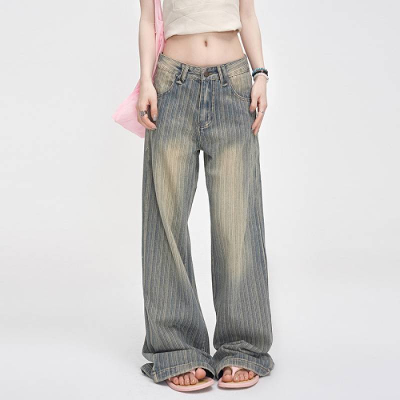 Retro Light-colored Distressed Low-rise Striped Jeans