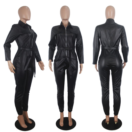 Women's Casual Fashion Solid Color High Elastic Leather Jumpsuit