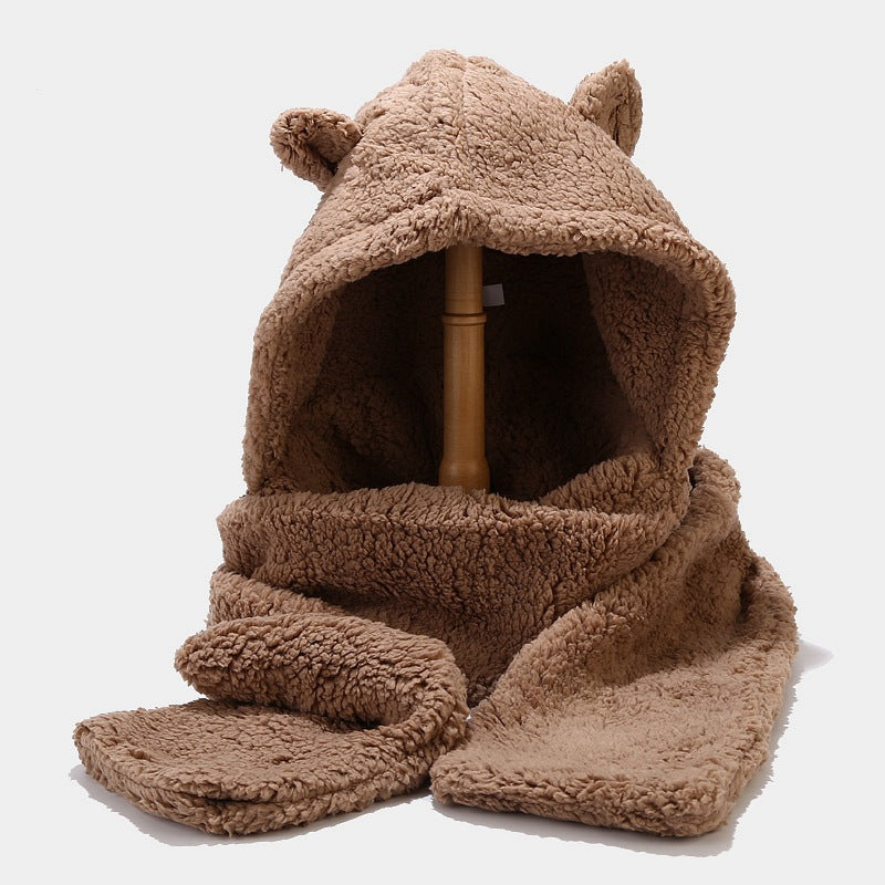Two-piece Warmth Hat And Scarf With Thickened Bear Ears