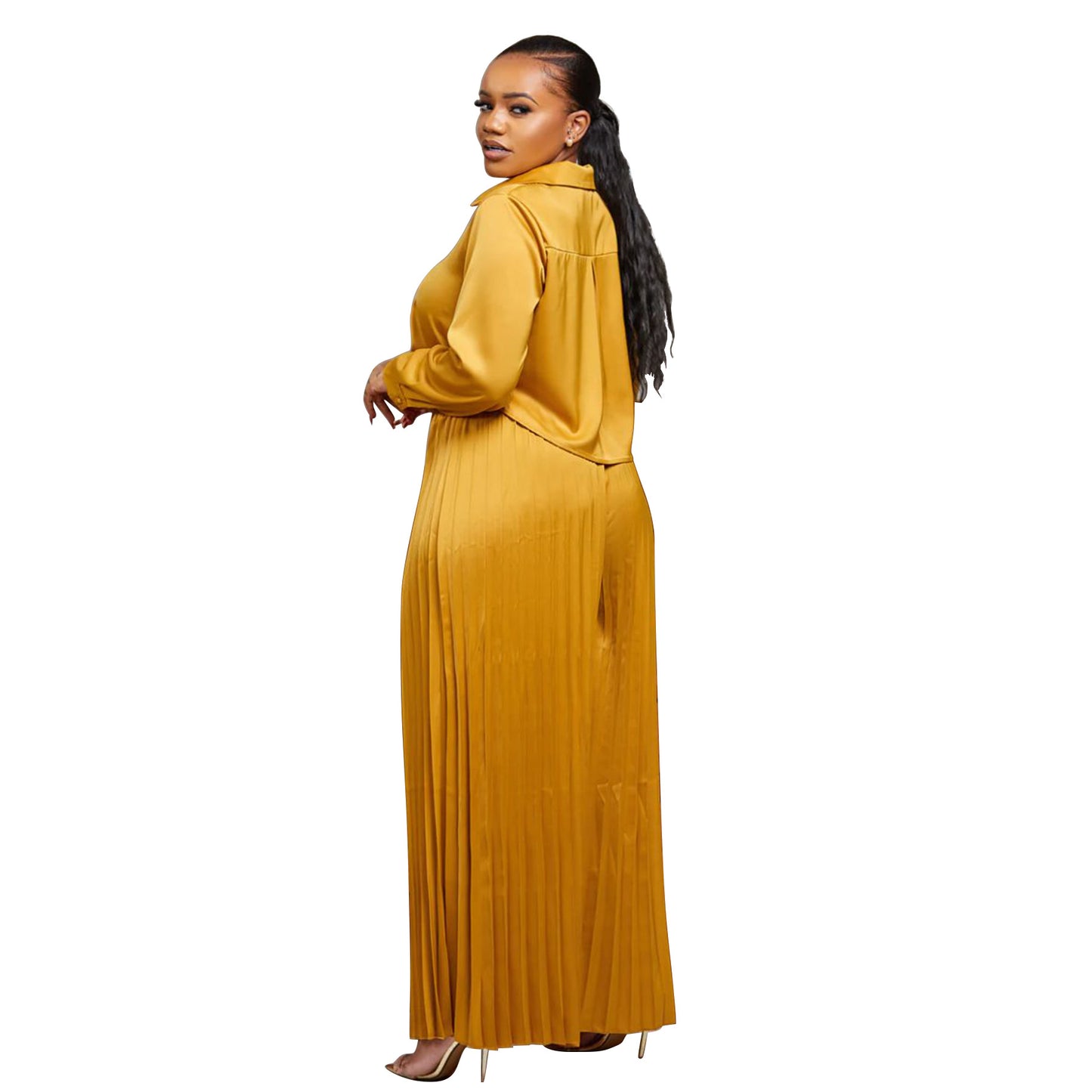 Casual Shirt Top And Wide-leg Pants Pleated Two-piece Set For Export
