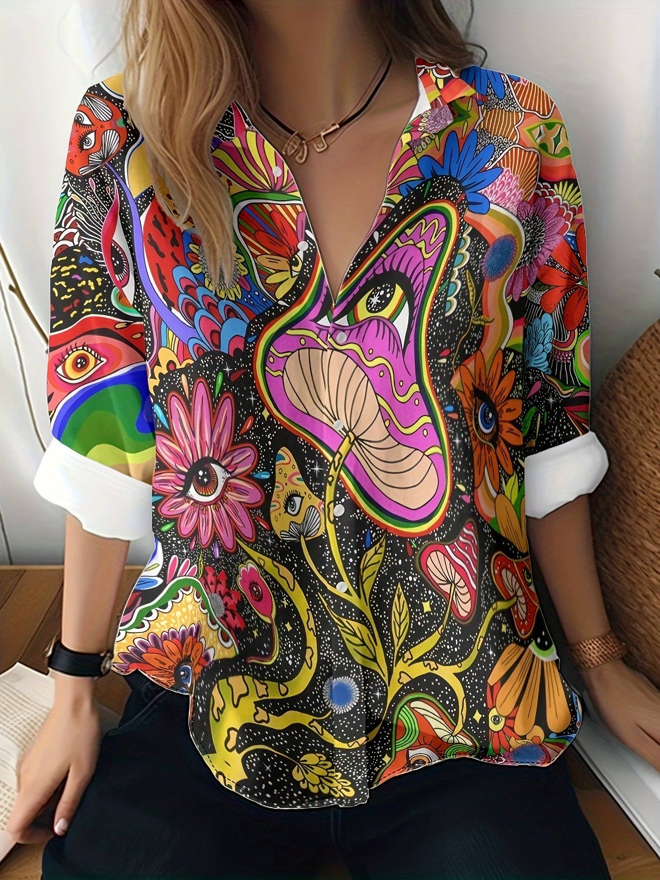 Women's 3D Printed Floral Pattern Long-sleeved Shirt
