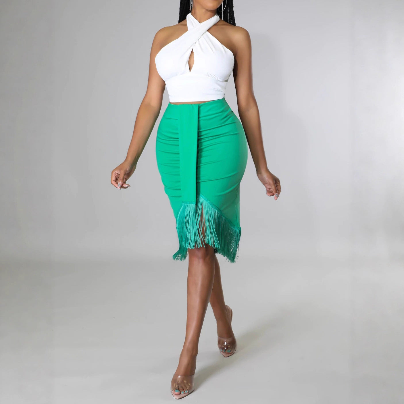 Short Top With Stylish Wrap-around Fringe Skirt Two-piece Set