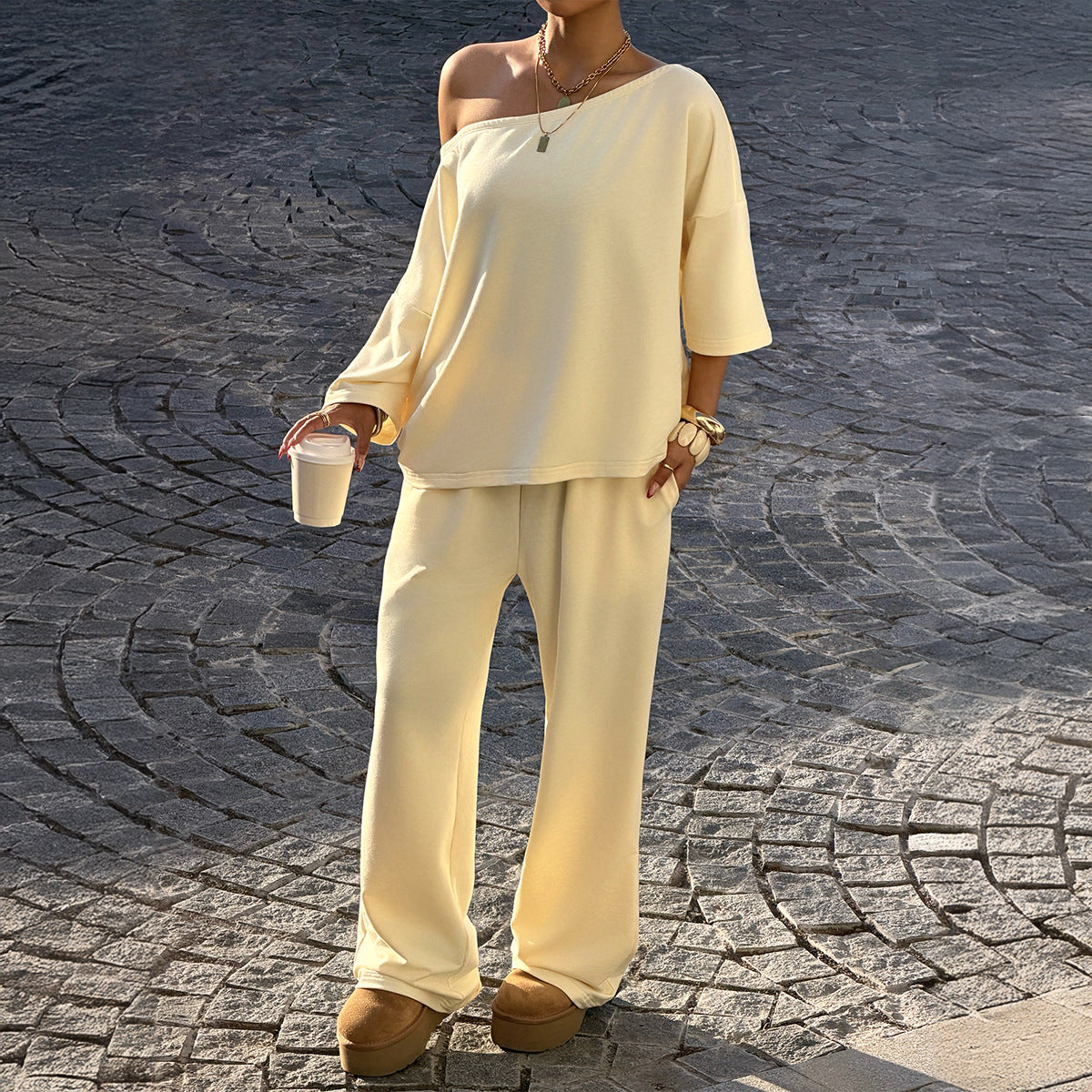 SpringSummer European And American Retro Sassy Off-Shoulder Mid-Rise Loose Wide-Leg Jumpsuit Set
