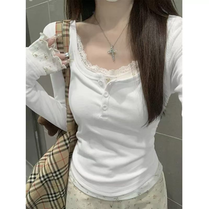 Floral Lace Stitching Long Sleeve Slim Fit Slim Looking Base Fake Two-piece Top
