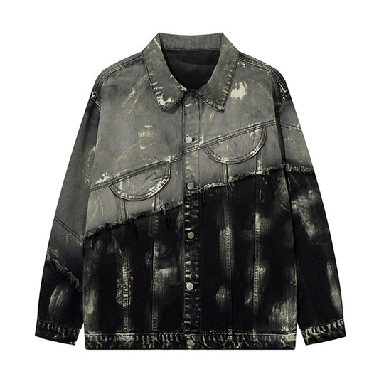 Men's Trendy Punk Contrast Color Gradient Irregular Stitching Cat Beard Polo Collar Jacket