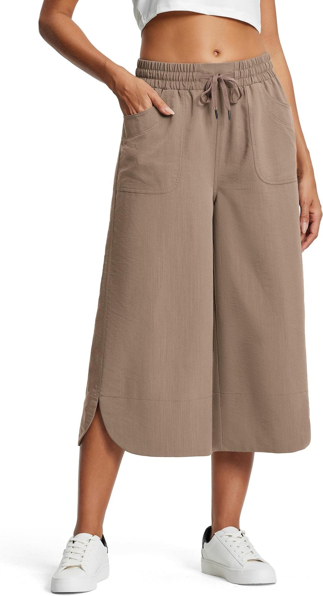 Summer Elastic Waist Solid Color Wide Leg Loose Casual Cropped Pants For Women