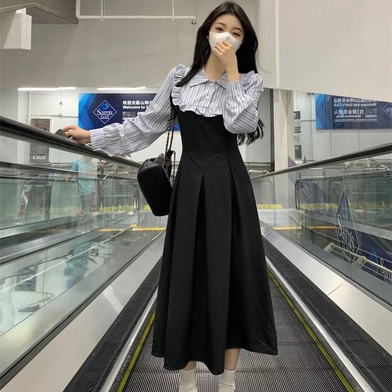 Preppy-style Striped Shirt-style Faux Two-piece Slimming Contrast-color Dress