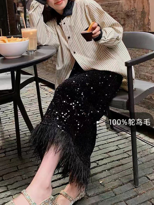 Fashion Women's Velvet Feather Tassel Long Dress