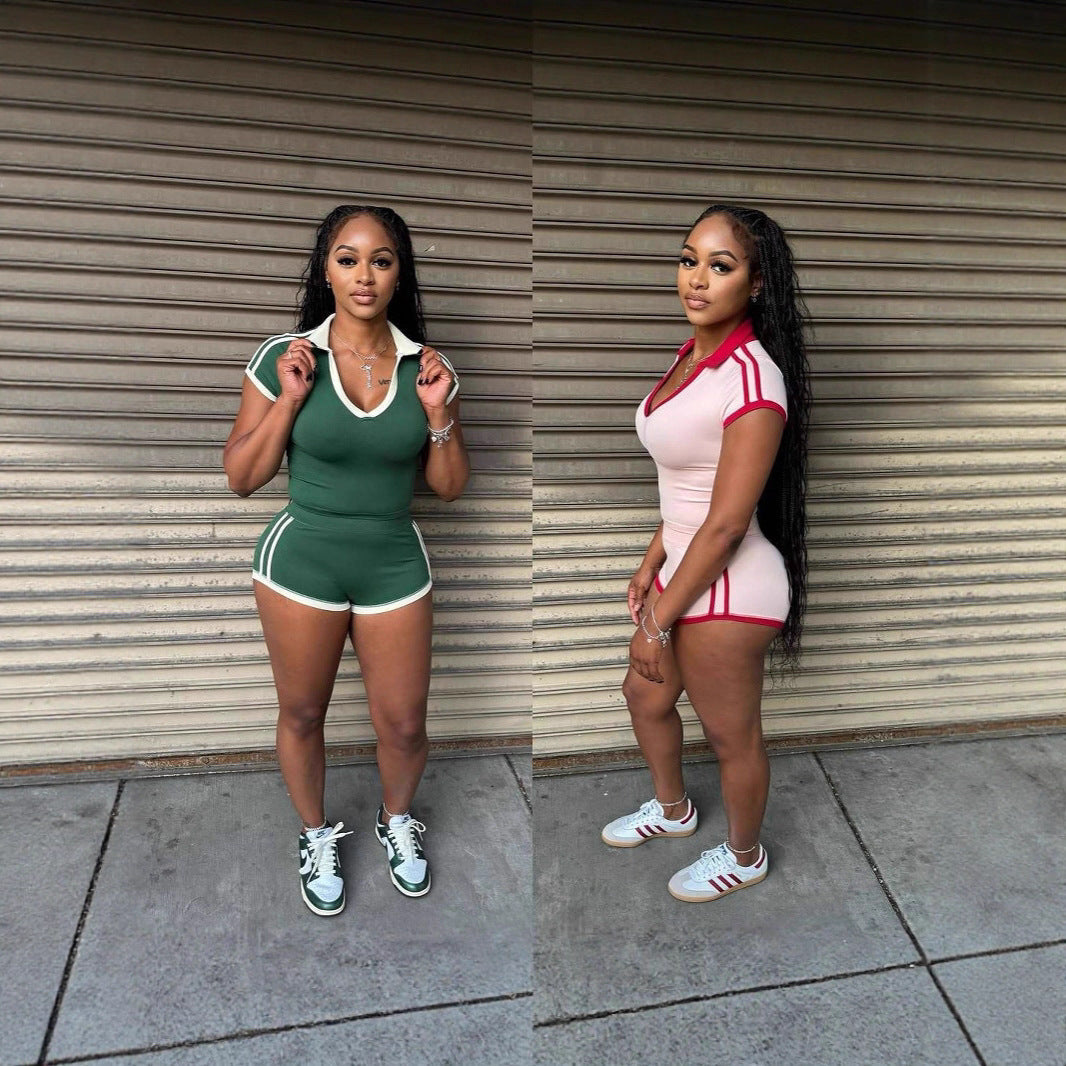 Fashionable Solid-Color U-Neck Short-Sleeve Shirt And Striped Butt-Lifting Shorts Set