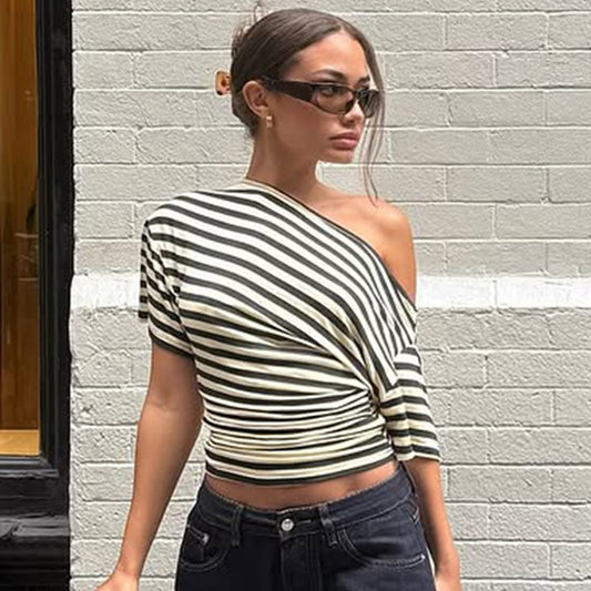 Retro Off-shoulder Striped Waist-cinching Figure-flattering Top