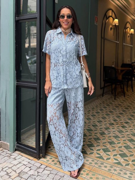 Lace Shirt Vest Long Pants Three Piece Set