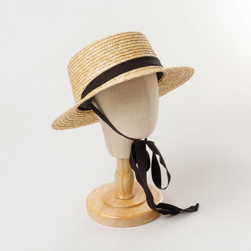 Children's Straw Flat Sun Hat With Strap