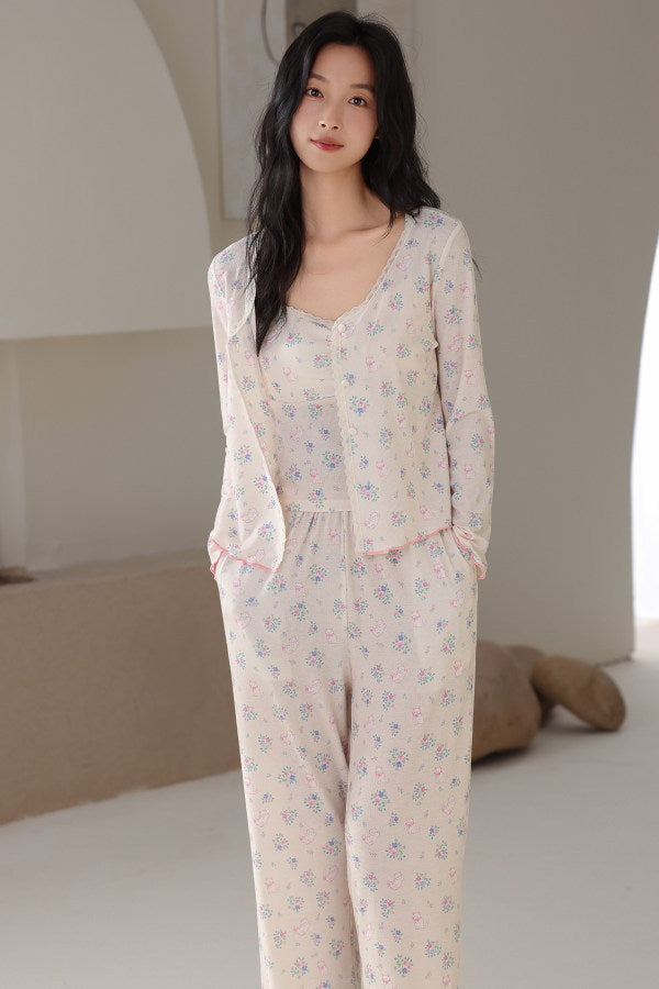 Threaded Colored Cotton Bra-padded Camisole Three-piece Set