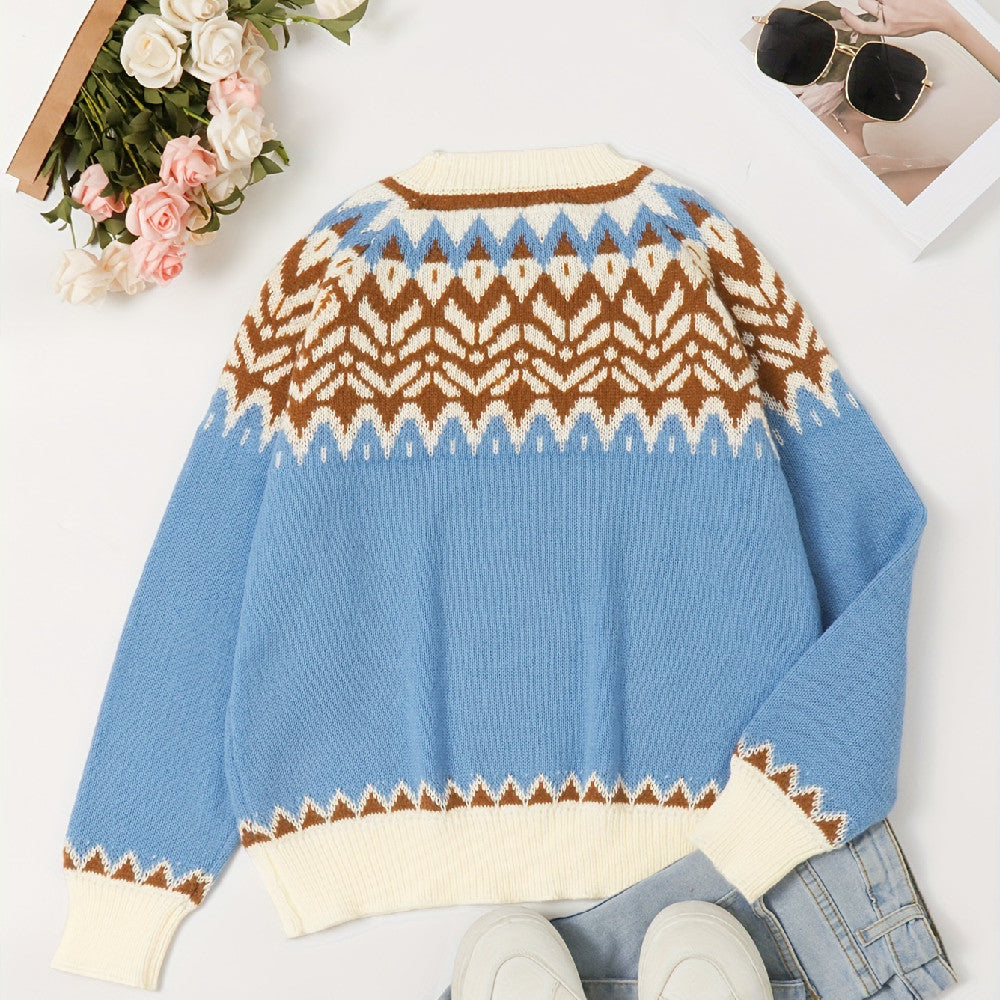 Stilfuld etnisk sweater til kvinder med rund hals og løs pasform