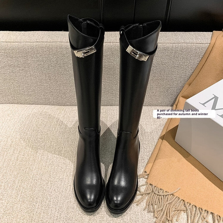 First Layer Cowhide Lock Knight Boots Big Tube Circumference Genuine Leather Below The Knee High Boots