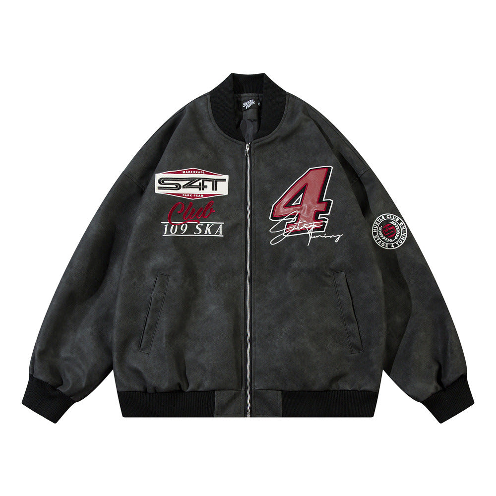 European And American-style Letter Affixed Cloth Embroidered Loose Pu Leather Baseball Uniform