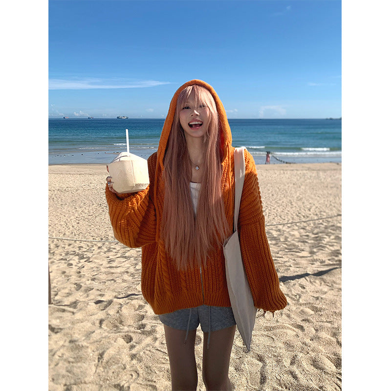 American Idle Style Twist Knitted Hooded Sweater