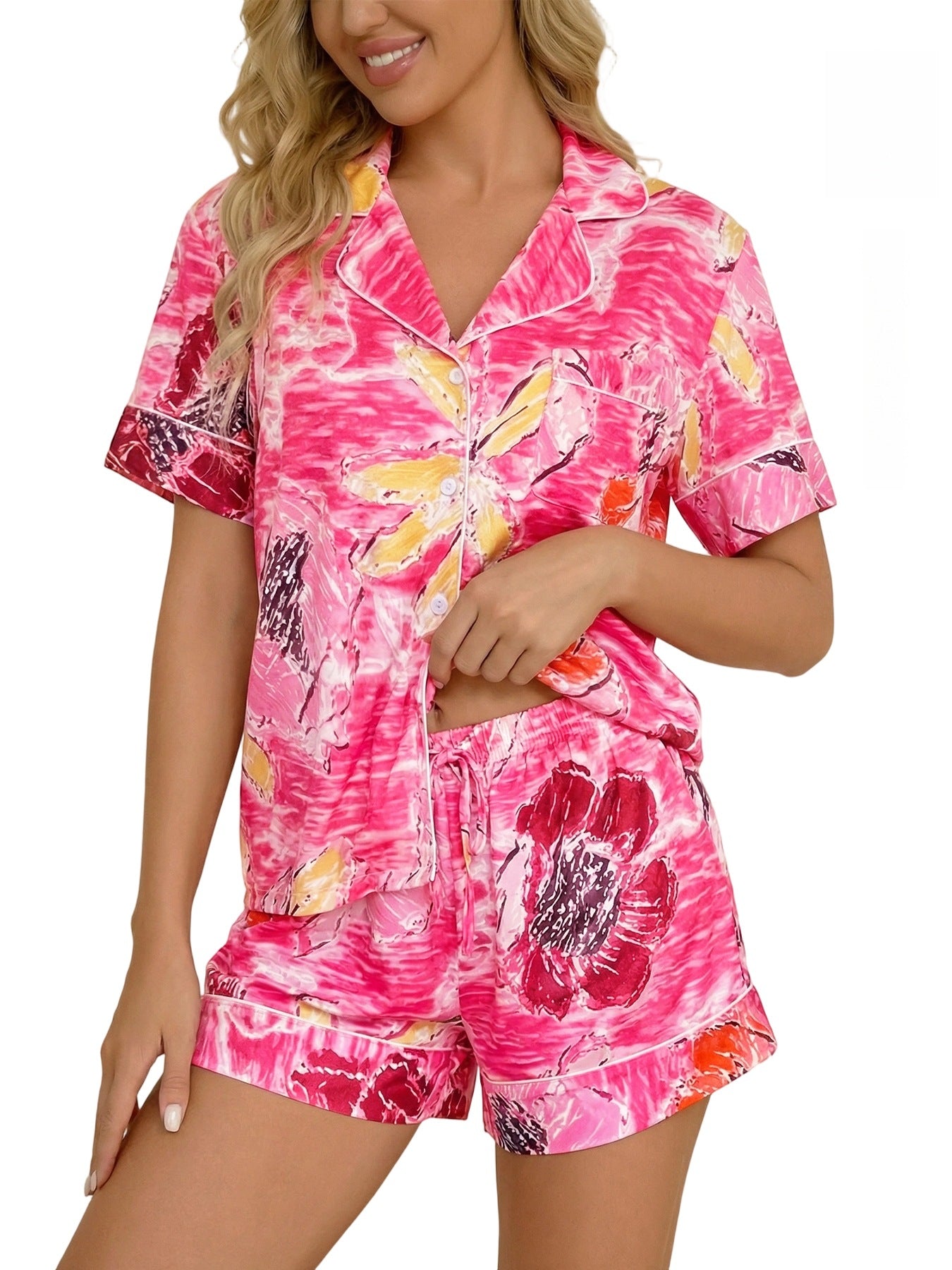 Digital-print Short-sleeve Top And Shorts Two-piece Set