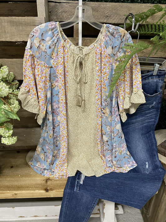 Ladies Summer Floral Panel Ruffle T-Shirt