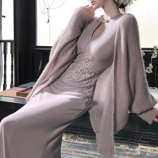 New Chinese-style Retro Plate-pattern Cheongsam Slim-fit Dress Paired Cardigan