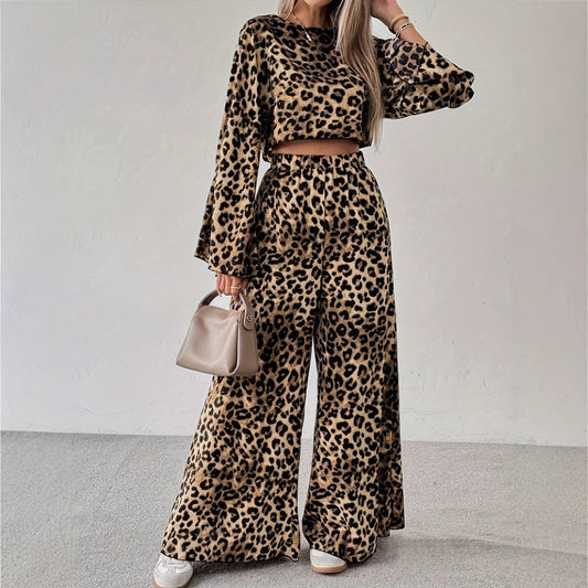 Leopard Print Loose Comfortable Long Sleeve Trousers Two-piece Set