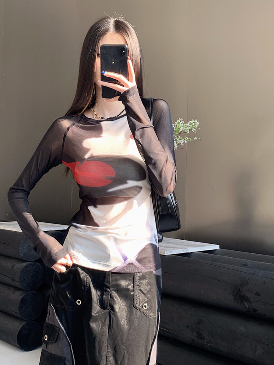 Round Neck Mesh Long Sleeve Printed Bottom Shirt