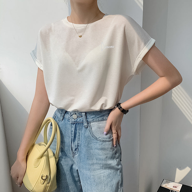 Super Stylish European Short-sleeved Embroidered T-shirt Women's Summer