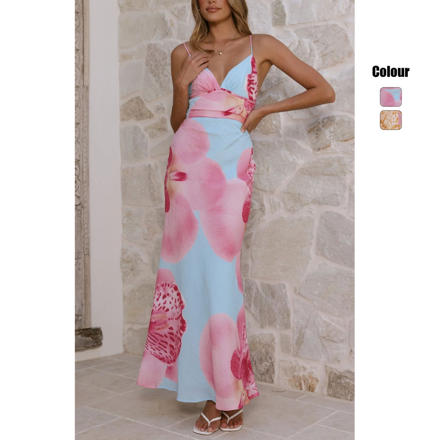 Printed Mid-Waist V-Neck Slip Dress For Women