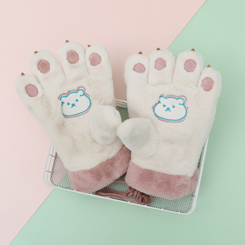Cute Cartoon Bear Claw Plush Gloves Female Winter Warm Fleece-lined Thickened Hand-shaped Brush Road Bike Skiing