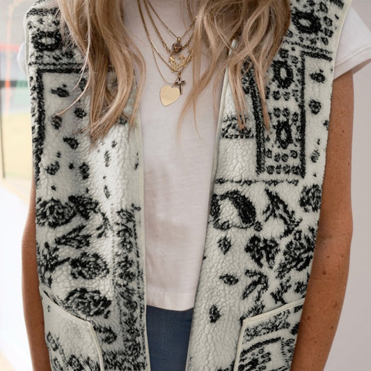 Beige Lambswool Paisley Printed Pocket Western Fashion Camisole Jacket