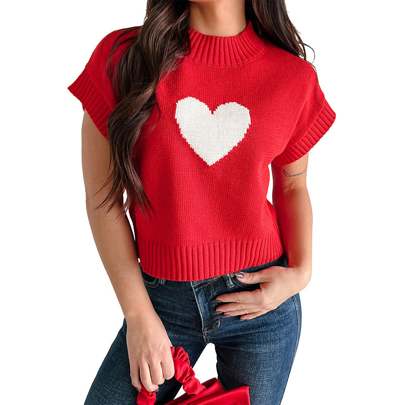 Womens Casual All-Match Heart-Shaped Short-Sleeve Knitted Sweater