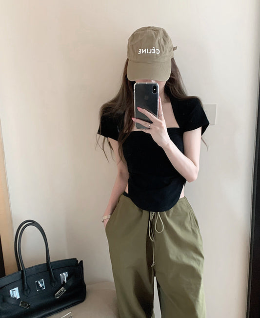 Retro Hot Girl Square Collar Slim Irregular Covering Belly Slim Short Top