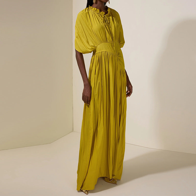 Round-neck Fitted-waist Pleated Patchwork Maxi Dress